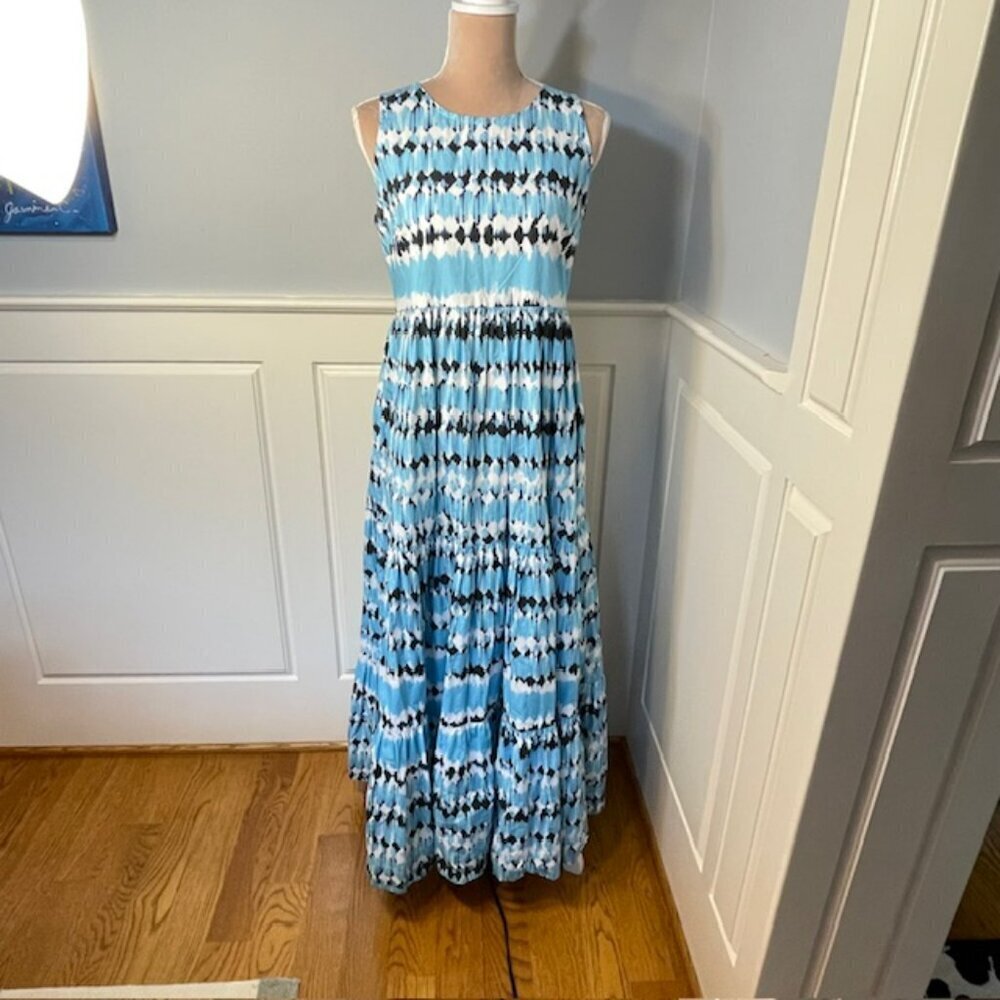 Tyler Boe 100% Cotton Poplin Tiered Maxi Dress Aqua Blue Ikat Abstract Small - Picture 3 of 10